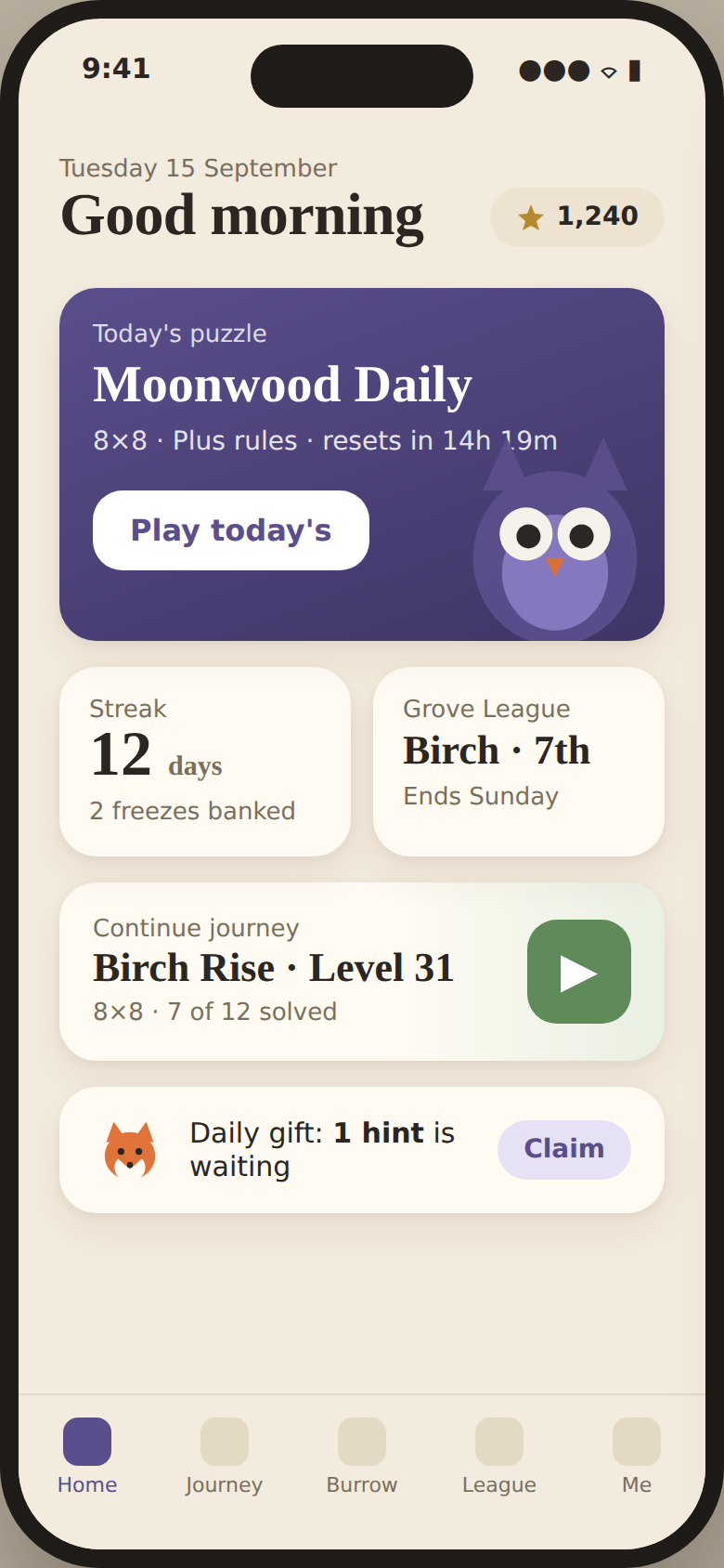 Home screen with the Daily card